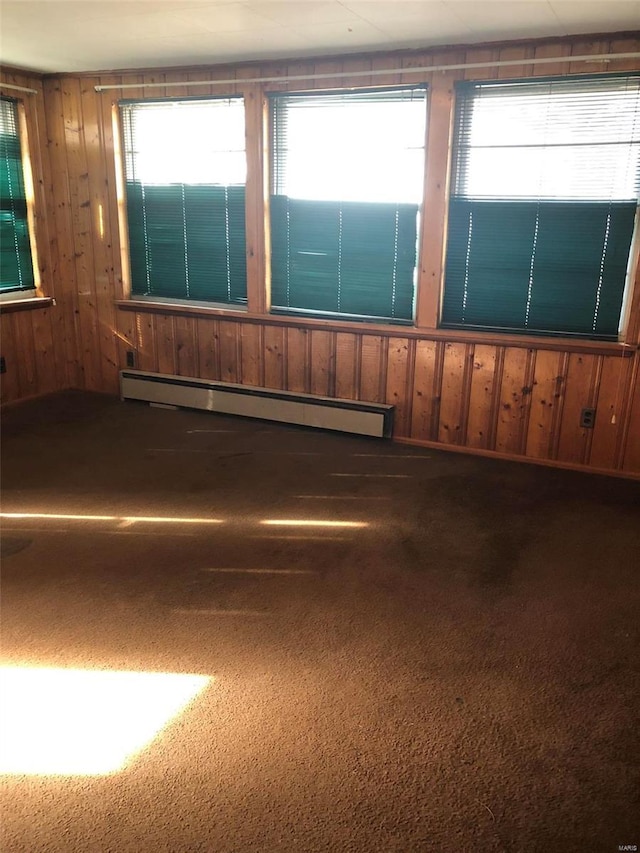 empty room with carpet flooring, wood walls, and baseboard heating