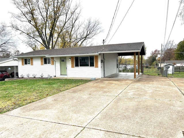 single story home with a front yard and a carport