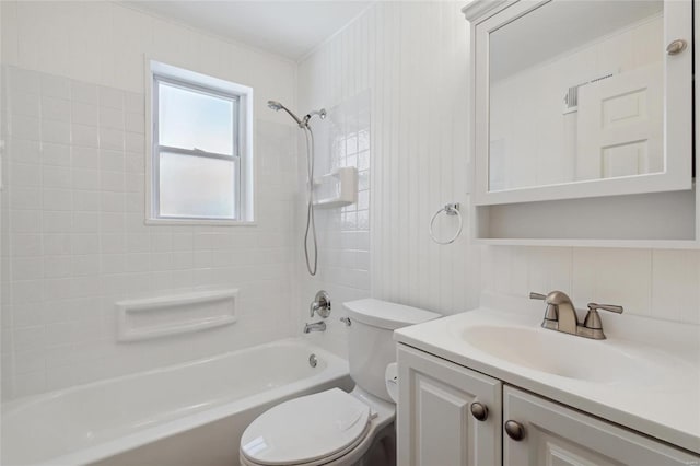 full bathroom with toilet, vanity, and tiled shower / bath combo