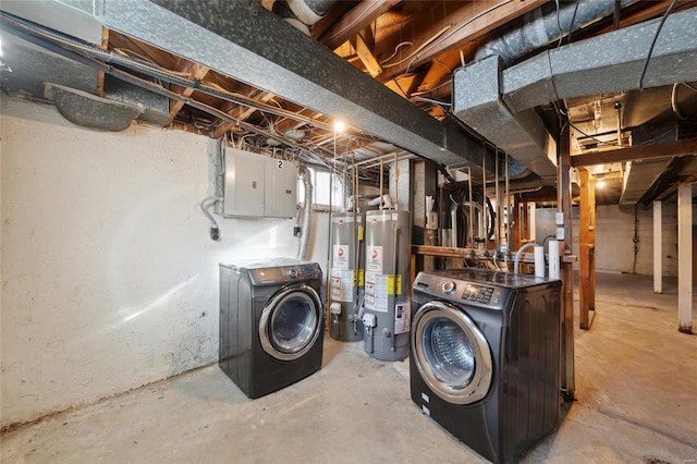 basement with electric panel, gas water heater, and independent washer and dryer