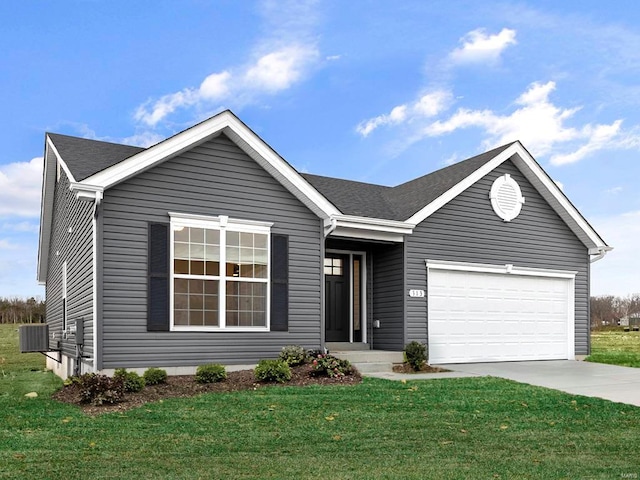 single story home with a front yard and a garage