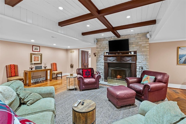 living room with recessed lighting, a fireplace, wood finished floors, baseboards, and beamed ceiling