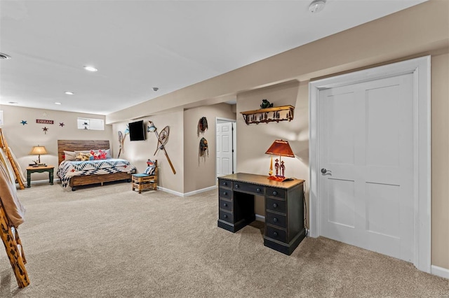 bedroom with light carpet, baseboards, and recessed lighting