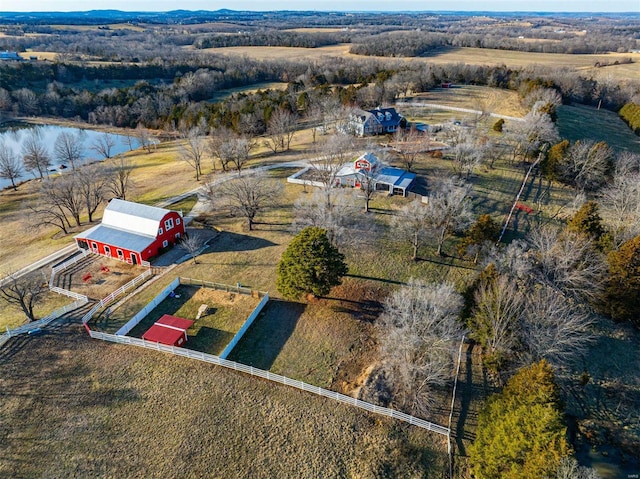 aerial view featuring a water view and a rural view