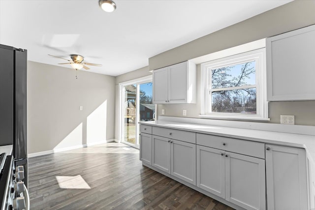 kitchen with ceiling fan, appliances with stainless steel finishes, dark hardwood / wood-style floors, and white cabinets