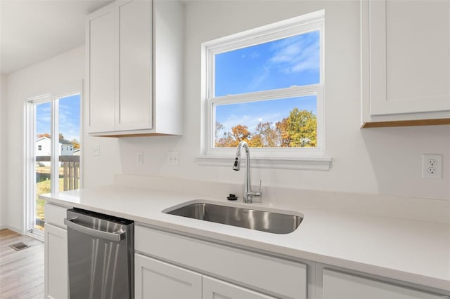 kitchen featuring white cabinetry, stainless steel dishwasher, a healthy amount of sunlight, and sink