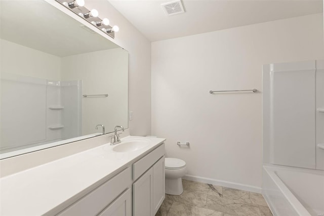 full bathroom with vanity, toilet, and  shower combination