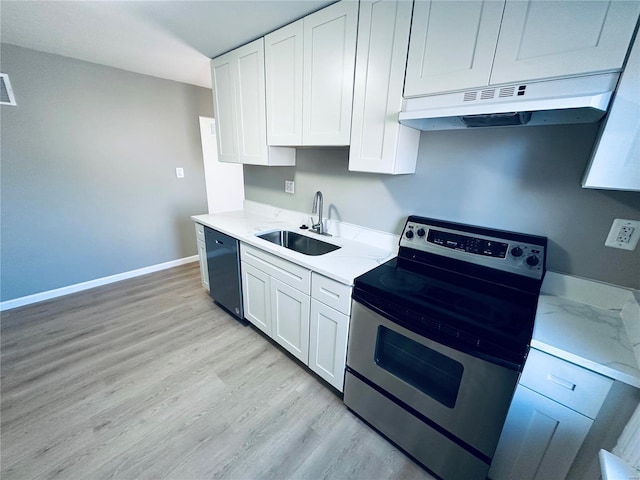 kitchen with stainless steel electric stove, white cabinets, black dishwasher, and sink