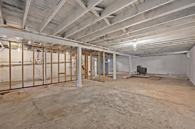 basement with a wood stove