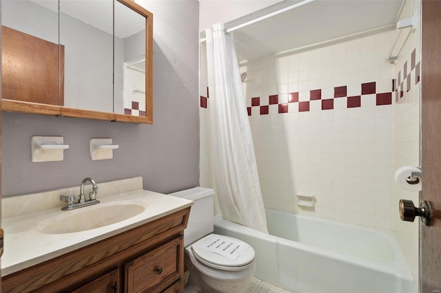 bathroom featuring toilet, shower / bath combination with curtain, and vanity