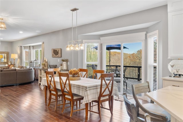 dining room with a notable chandelier and dark hardwood / wood-style flooring