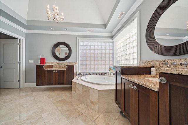 bathroom featuring tiled tub, crown molding, vanity, and a notable chandelier