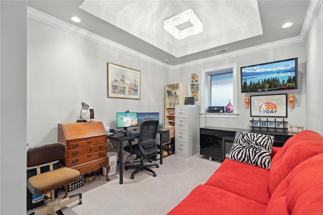 carpeted home office featuring a raised ceiling and crown molding