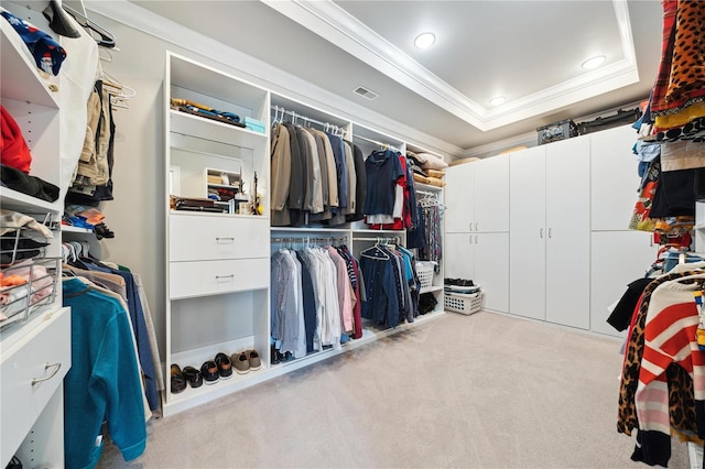 spacious closet with a raised ceiling and light carpet