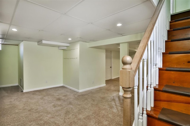 basement with a drop ceiling and carpet floors