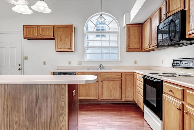 kitchen with sink, pendant lighting, white electric stove, dishwasher, and dark hardwood / wood-style floors