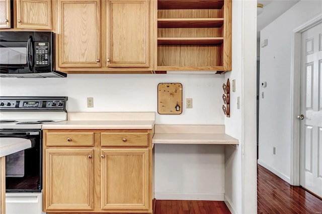 kitchen with light brown cabinetry, white range with electric stovetop, and dark wood-type flooring