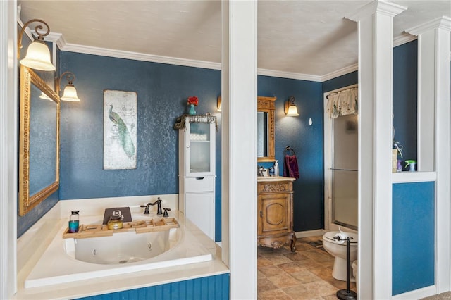 bathroom with toilet, a bath, vanity, and ornamental molding