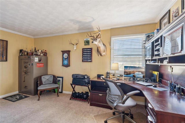 office featuring light colored carpet, a textured ceiling, and ornamental molding