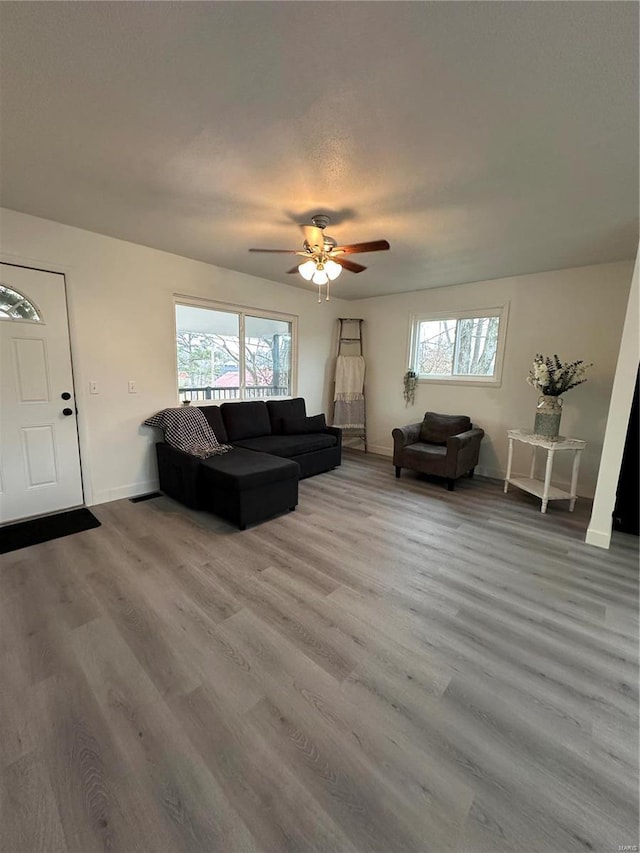 living room featuring plenty of natural light, light hardwood / wood-style floors, and ceiling fan