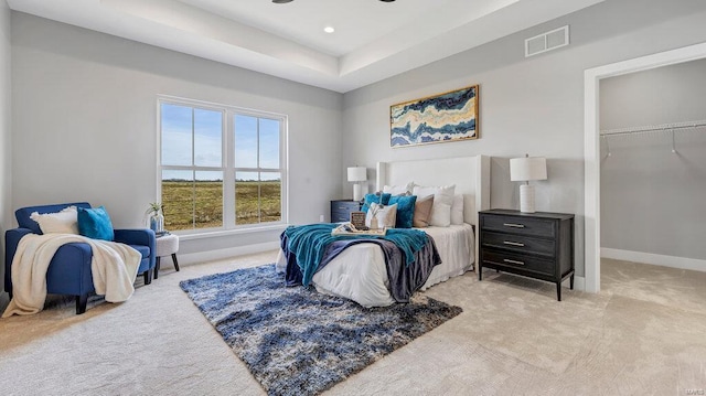 carpeted bedroom featuring ceiling fan, a raised ceiling, and a closet