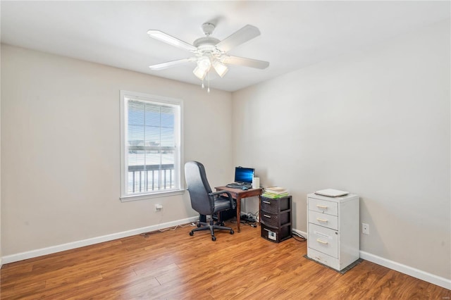 office space with ceiling fan and light hardwood / wood-style flooring