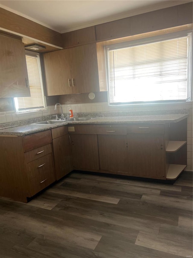 kitchen with tasteful backsplash, sink, and dark wood-type flooring