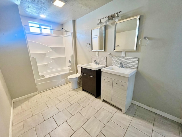 full bathroom with bathing tub / shower combination, backsplash, a textured ceiling, toilet, and vanity