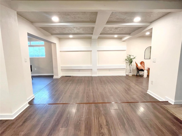 interior space featuring dark hardwood / wood-style flooring and coffered ceiling