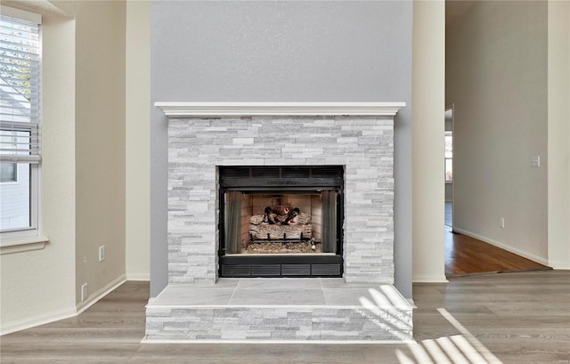 interior details featuring a fireplace and wood-type flooring