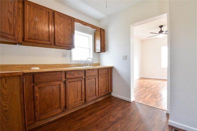 kitchen featuring ceiling fan, dark hardwood / wood-style flooring, and sink