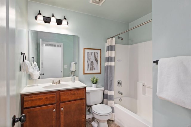 full bathroom featuring vanity, toilet, and shower / tub combo with curtain