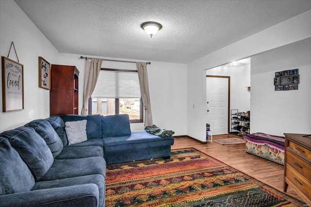 living room with hardwood / wood-style floors and a textured ceiling