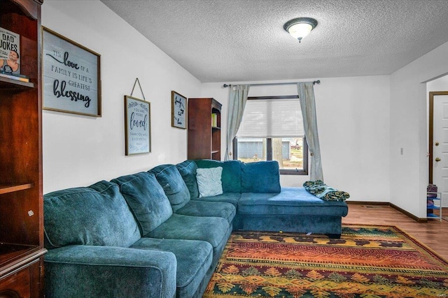 living room with hardwood / wood-style flooring and a textured ceiling