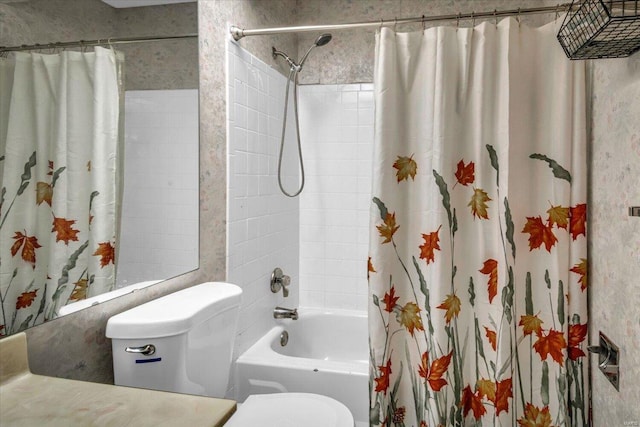 bathroom featuring shower / bath combination with curtain and toilet