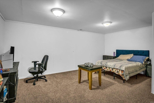 carpeted bedroom with ornamental molding