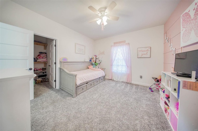 bedroom with light colored carpet and ceiling fan