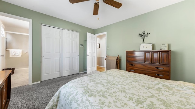 carpeted bedroom featuring ceiling fan and a closet