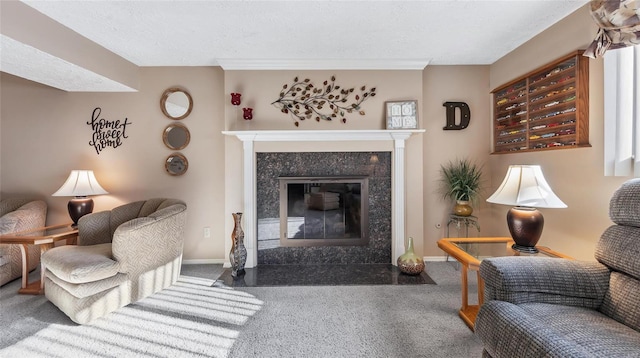 living room with a high end fireplace and carpet