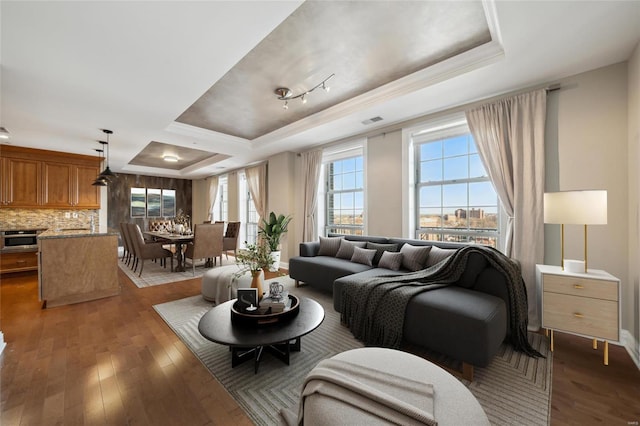 living room with crown molding, dark wood-type flooring, and a tray ceiling