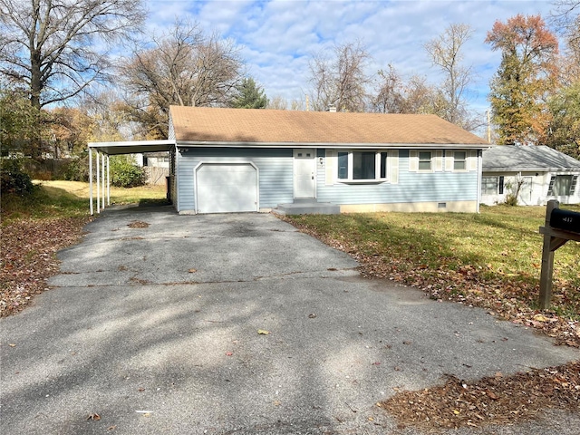 view of front of home with a carport, a garage, and a front lawn