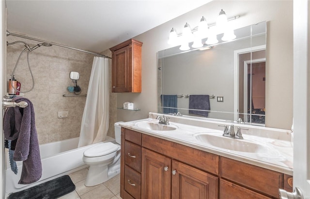 full bathroom with toilet, tile patterned flooring, vanity, and shower / bath combination with curtain