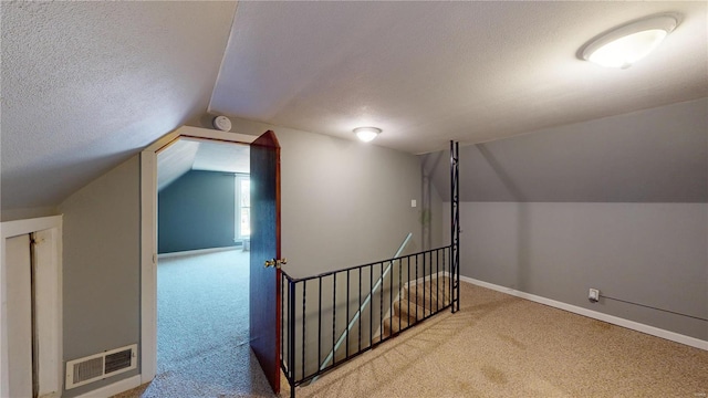 additional living space with a textured ceiling, light colored carpet, and vaulted ceiling