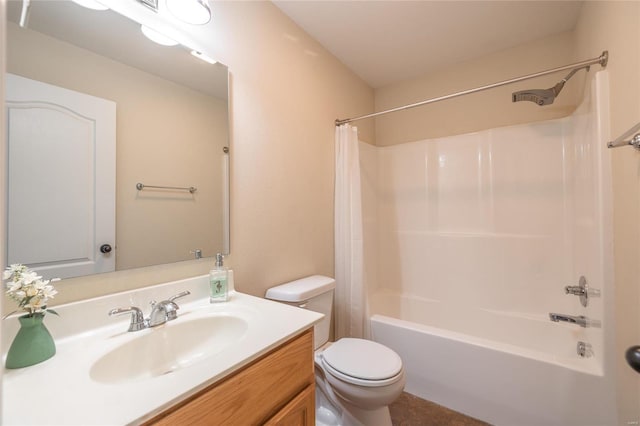 full bathroom featuring vanity, shower / bath combination with curtain, and toilet