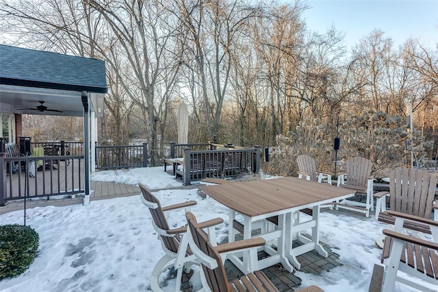 snow covered deck with ceiling fan