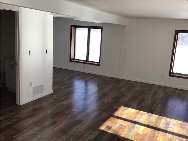 empty room featuring plenty of natural light and dark hardwood / wood-style flooring