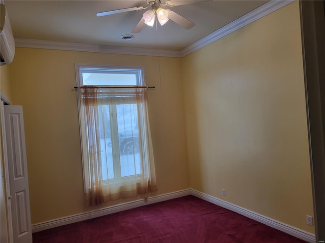 carpeted spare room featuring a wall mounted AC, ceiling fan, a baseboard heating unit, and ornamental molding