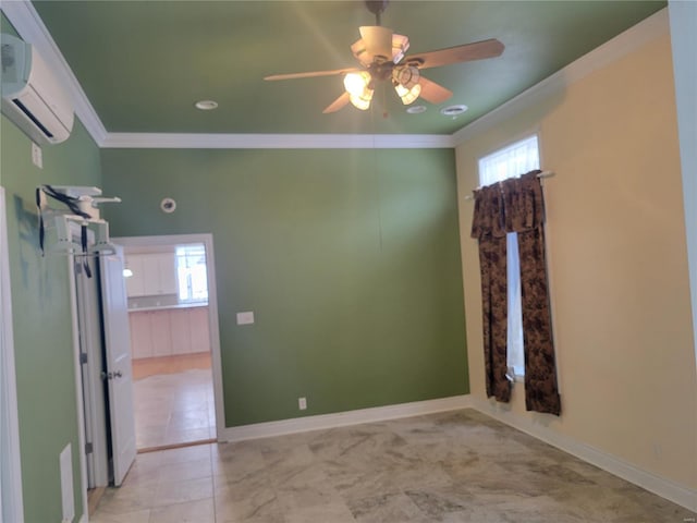 unfurnished room featuring an AC wall unit, crown molding, and ceiling fan