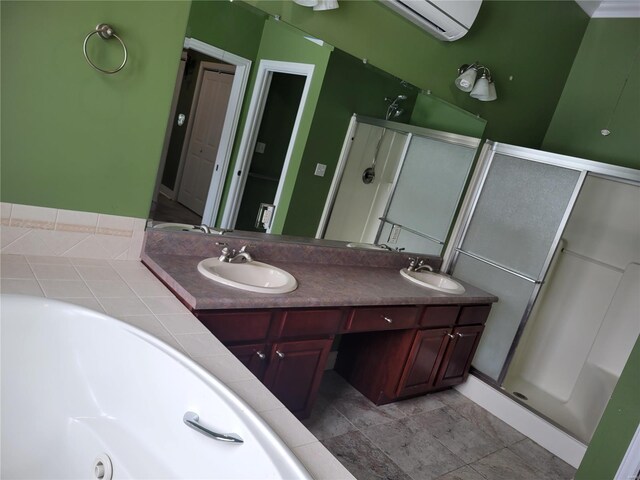 bathroom featuring vanity, separate shower and tub, and an AC wall unit