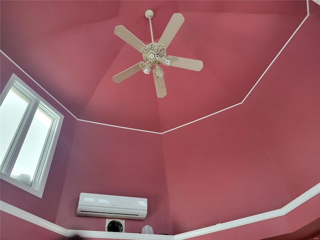 details featuring a wall mounted AC and ceiling fan